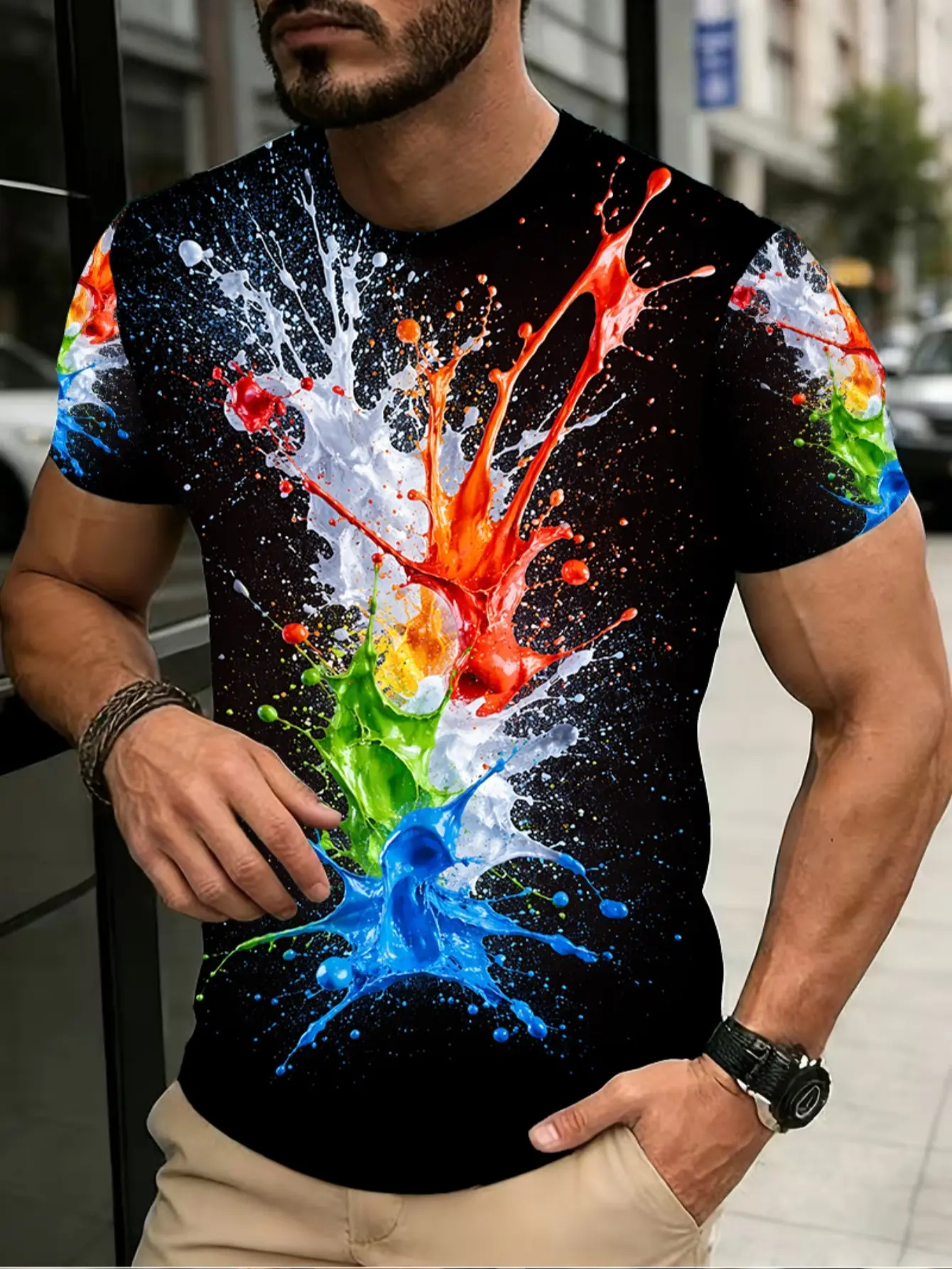 2026 Summer New Arrivals 1pc Men'S Polyester 3D T-Shirt/Vibrant Color Splash Design/Ideal for Casual Dining/Lightweight And Durable Fabric/Perfect for Restaurant Or Lounge Settings/Breathable Material for Comfortable Wear in Any Environment