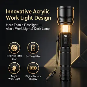 [Innovative Acrylic Flashlight] TAZTIR High-Brightness P70 Pro LED Rechargeable Flashlight, IP54 Waterproof, 11 Modes, 360° COB Light, Smart Digital Power Display, And 5000mAh Battery, Reinforced Aluminum Alloy, Ideal For Outdoor Use Or Emergencies