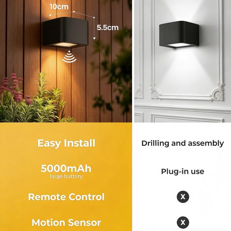 Black 2-Pack Indoor Wall Sconce – Wireless Motion Sensor Light with Remote, 3 Color Options, 5000mAh Rechargeable Battery, Brightness Dimmable