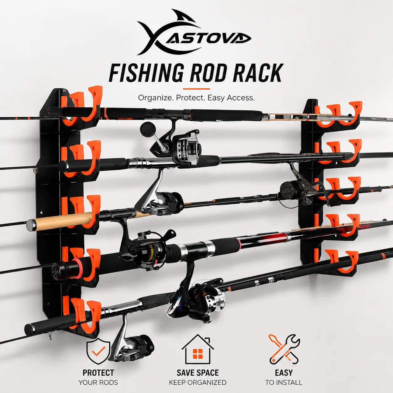 Fishing Rod Rack - 10-Rod Wall/Ceiling Mount Holder with Innovative Arc Structure, Durable ABS Functional Garage Organizer with 1.61''/41mm Protective Pads, Fishing Accessories Gift for Men, Brothers, Dads, Fishing Gift, Wall Mount, Husbands fish, Compact