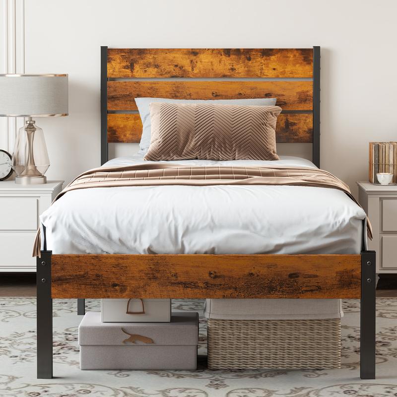 Metal Platform Bed Frame "Twin/Full/Queen"Mattress Foundation with Headboard and and Footboard, No Box Spring Needed with 800LBS Room Sturdy Wooden Slats Support