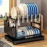 JIMITOTO Black 2-Layer Stainless Steel Dish Drying Organiser - Carbon Steel Reinforced, Non-Slip, Removable Layered Shelf Draining Boards, Adjustable, Easy Installation, Hanging Option for Dishes, Utensils, Knives, Cups, Cutting Boards