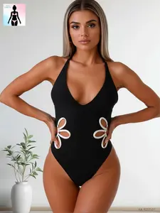 2026 Halter Deep V-Neck Cutout One-Piece Swimsuit Solid Black Push-Up Flattering Swimsuit, High Stretch Tummy Control. Plus Size Curve Women’s Swimwear — Spring Break & Summer Vacation Beach Pool Party Must-Have, Elegant, Chic, Sexy