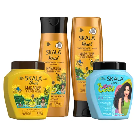 [Mother's Day Special] Skala Viral 4-Piece Hair Care Kit - Passion Fruit Cleanser Shampoo (250ml), Conditioner (250ml), Blue Mais Cachos Cream (35.2oz), Passion Fruit Cream (35.2oz) - Anti-Frizz, Nourishing Softening Smoothing, Hydrating Curly Locks