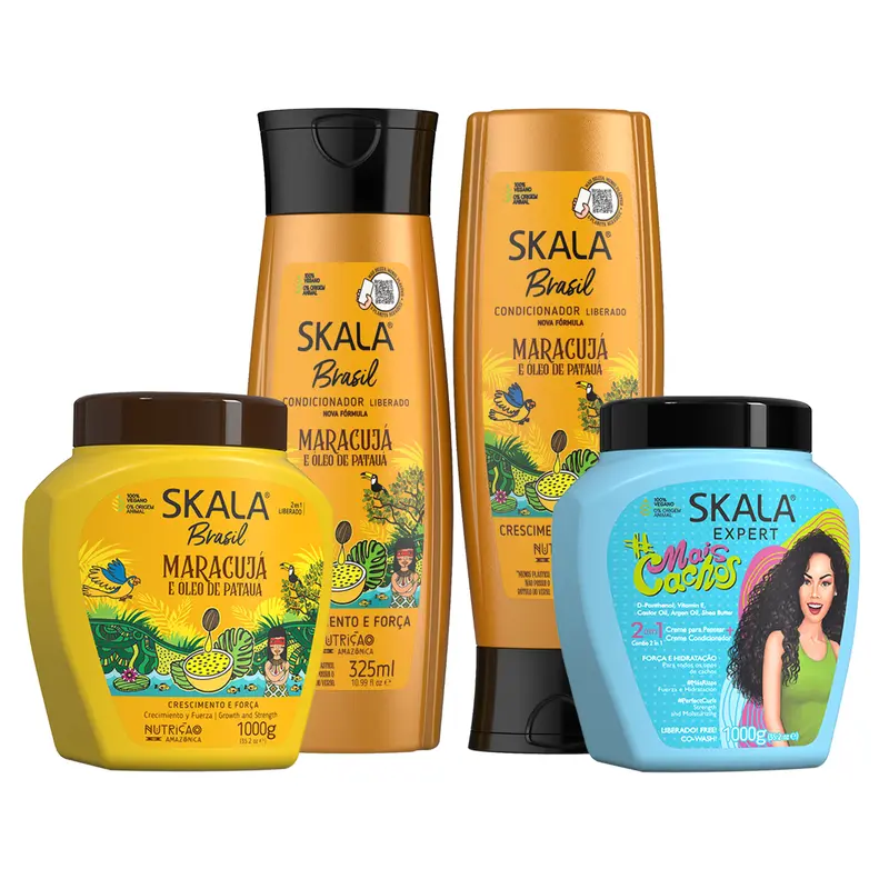 [Mother's Day Special] Skala Viral 4-Piece Hair Care Kit - Passion Fruit Cleanser Shampoo (250ml), Conditioner (250ml), Blue Mais Cachos Cream (35.2oz), Passion Fruit Cream (35.2oz) - Anti-Frizz, Nourishing Softening Smoothing, Hydrating Curly Locks