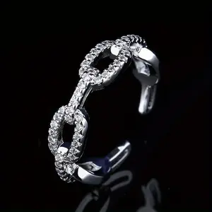Moissanite Cuban Link Rings, Adjustable Open Rings, 925 Sterling Silver Chain band, Cuban Link Jewelry Gifts for Women Men Girls Boys