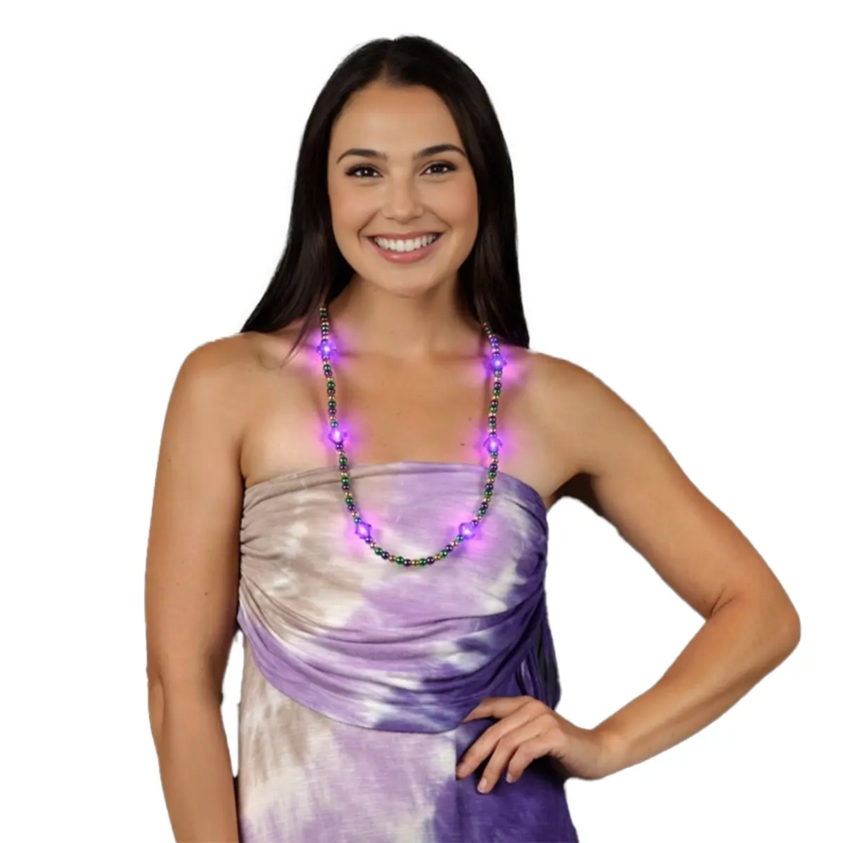 212 MAIN Unisex 34-in Festive Mardi Gras Beads Necklace - Parade-Ready Metallic Beads, Light-Up Jewel Accents, 3 LED Modes, Replaceable AG13 Batteries-Powered LED Lights, for Parties, Three Led Modes