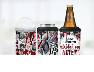 Just Here to Establish My Alibi 4 in 1 Can Cooler 14 oz Tumbler Combination Stainless Steel Insulated with Lid and Straw for Hot or Cold True Crime Ideal for Beach Outings Picnics or Daily Use