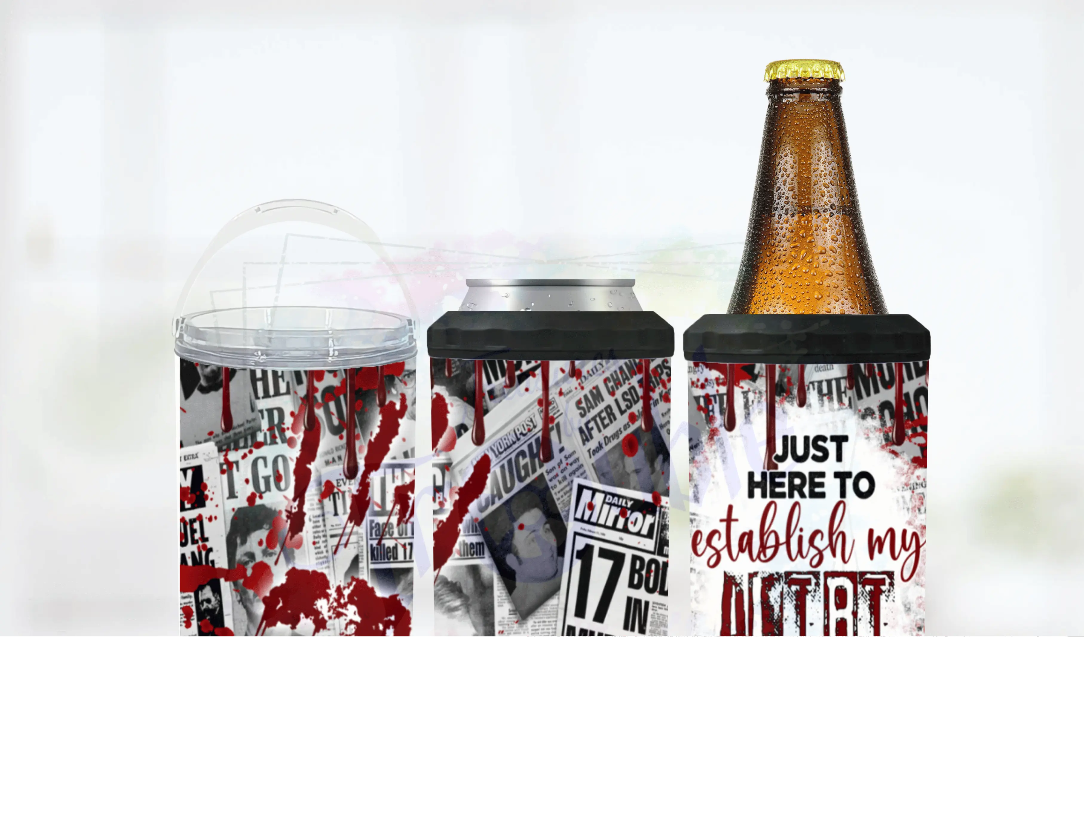 Just Here to Establish My Alibi 4 in 1 Can Cooler 14 oz Tumbler Combination Stainless Steel Insulated with Lid and Straw for Hot or Cold True Crime Ideal for Beach Outings Picnics or Daily Use