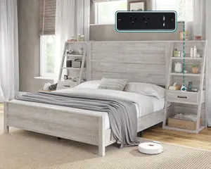 AMERLIFE Bed Frame with 98" W Headboard and 4-Tier Bookshelves, Farmhouse Platform Bed with Charging Station & 2 Drawers, Noise-Free, No Box Spring Needed, Rustic White