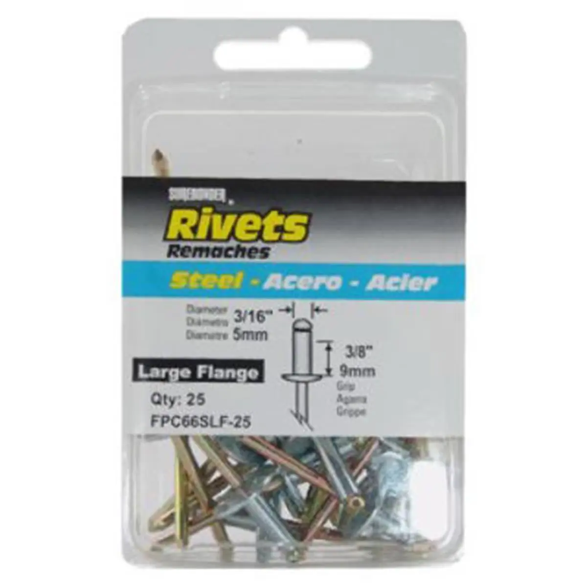 212 MAIN FPC66SLF-25 Surebonder Steel Medium-Large Flange Rivets, 25-Pack with Steel Mandrel, Grip Range for Sailing & Water Sports