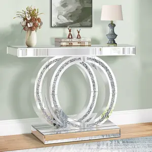 40x31 Inch Double Round Mirrored Crushed Diamond Console Table - Modern Glass & Metal Frame, 2-Tier Storage Shelves, 27" Height, Easy Assembly for Living Room, Conference, Dining Room, Conference Room Furniture, Elegant Furniture Design, Sleek Metal Frame