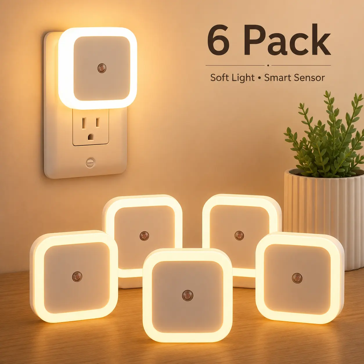 6 Pack Plug-In LED Night Lights, Dusk-to-Dawn Sensor Warm White Nightlights for Bedroom, Kids Room, Hallway