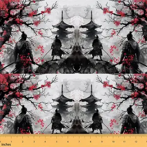 Japanese Samurai Fabric by The Yard,Japanese Ukiyoe Decorative Waterproof Outdoor Fabric,Cherry Blossoms Fabric,Japanese-Style Fabric