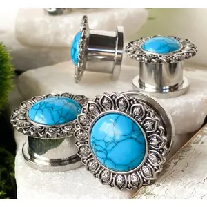 PAIR Flower w/ Turquoise Stone Center Steel Screw Fit Tunnels Gauges Plugs