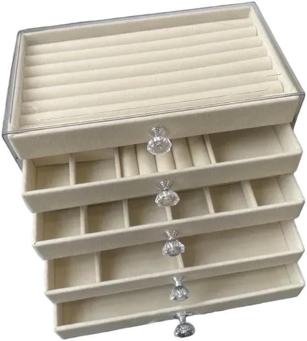 Velvet Jewelry Box with 5-Layer Clear Lid Large Capacity Organizer for Rings Earrings Necklaces Bracelets Acrylic Display Holder Drawer Organizer for Women Girls Vanity Dresser Countertop Storage Box
