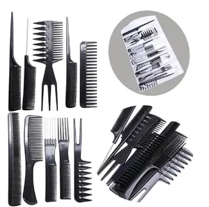 10-Piece Black Hair Styling Hairdressing Plastic Barbers Brush Combs Set Haircare Heatless