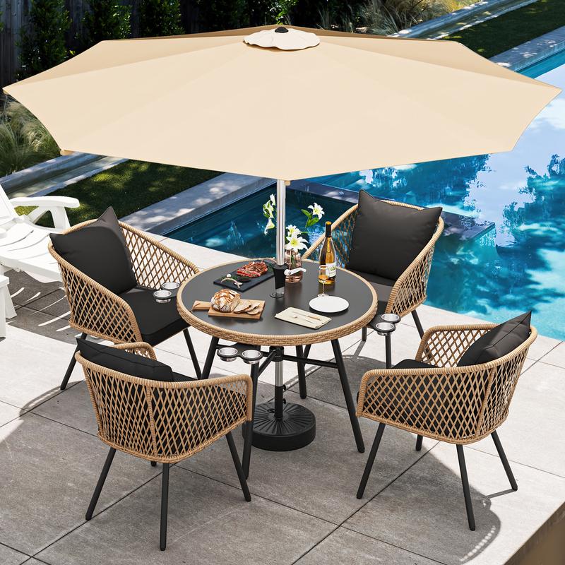 Yitahome 5-Piece Outdoor Dining Set with Umbralle Hole, Rattan Patio Dinging Set for 4 with Cup Holders Soft Cushions and Glass Top Dining Table for Backyard Deck Bacony