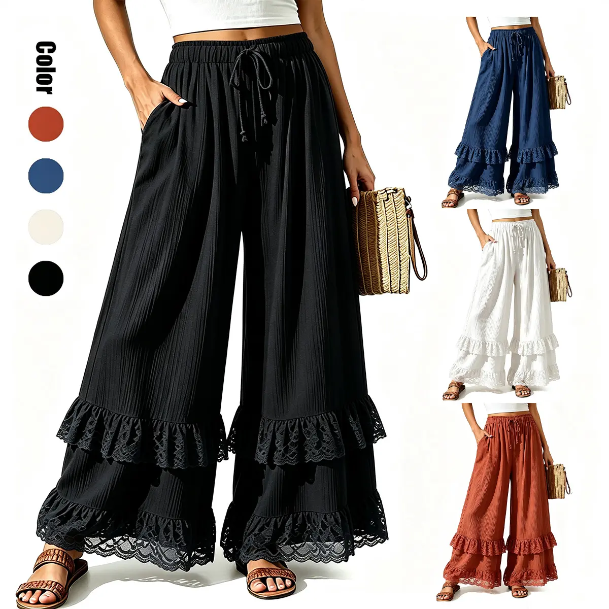 Women's Boho High-Waist Drawstring Wide-Leg Palazzo Pants - Lady's Loose Flowy Layered Lace Ruffle Hem Casual Bottoms with Pockets, Soft Breathable Summer Clothes for Daily Holiday Wear, Baggy