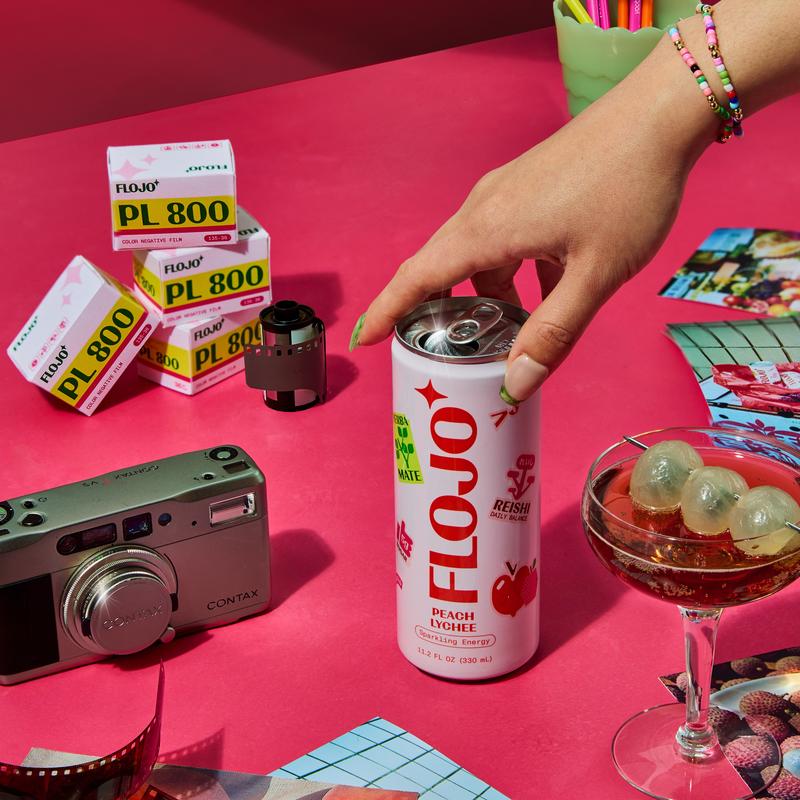 FLOJO Peach Lychee Sparkling Energy Drink - 8 Cans + Bonus 4 Cans (12 Total) - Smooth Clear Everyday Energy with Natural Yerba Mate & Functional Mushrooms