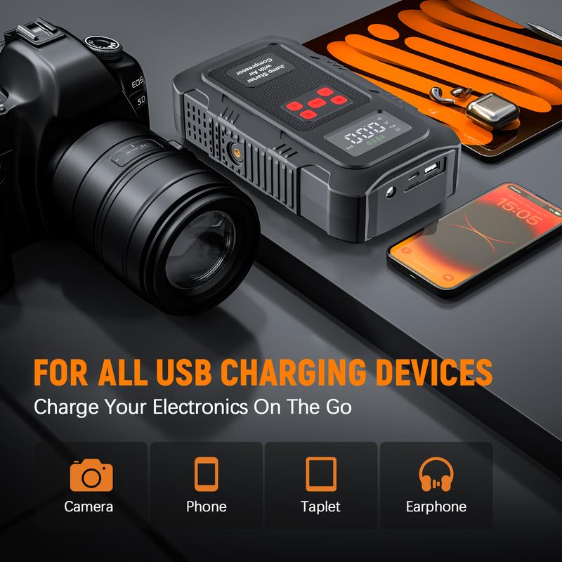 HPBS 24000mAh Power Bank Auto Battery Booster With Air Compressor 6000A 150PSI Fast Inflation 12V Portable Jump Starter for 10.0L Gas and 8.0L Diesel Engines