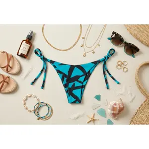 Teal And Black Printed Bikini Bottoms With Tie Strings
