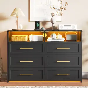 Sikaic Dresser for Bedroom with Charging Station, Black Dresser with Led Light, 6 Drawers Modern Bedroom Led Wood Wide Dresser for Bedroom