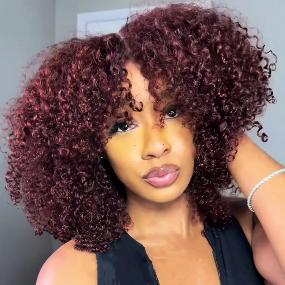 UNice 100% Human Hair Glueless 7x5 Lace Closure Wig - 250% Density Reddish Brown Afro Kinky Curly with Layered Finger Coil Ends, Natural Hairline, Easy Installation, Human Hair Wig for Women, Wigs Human Hair