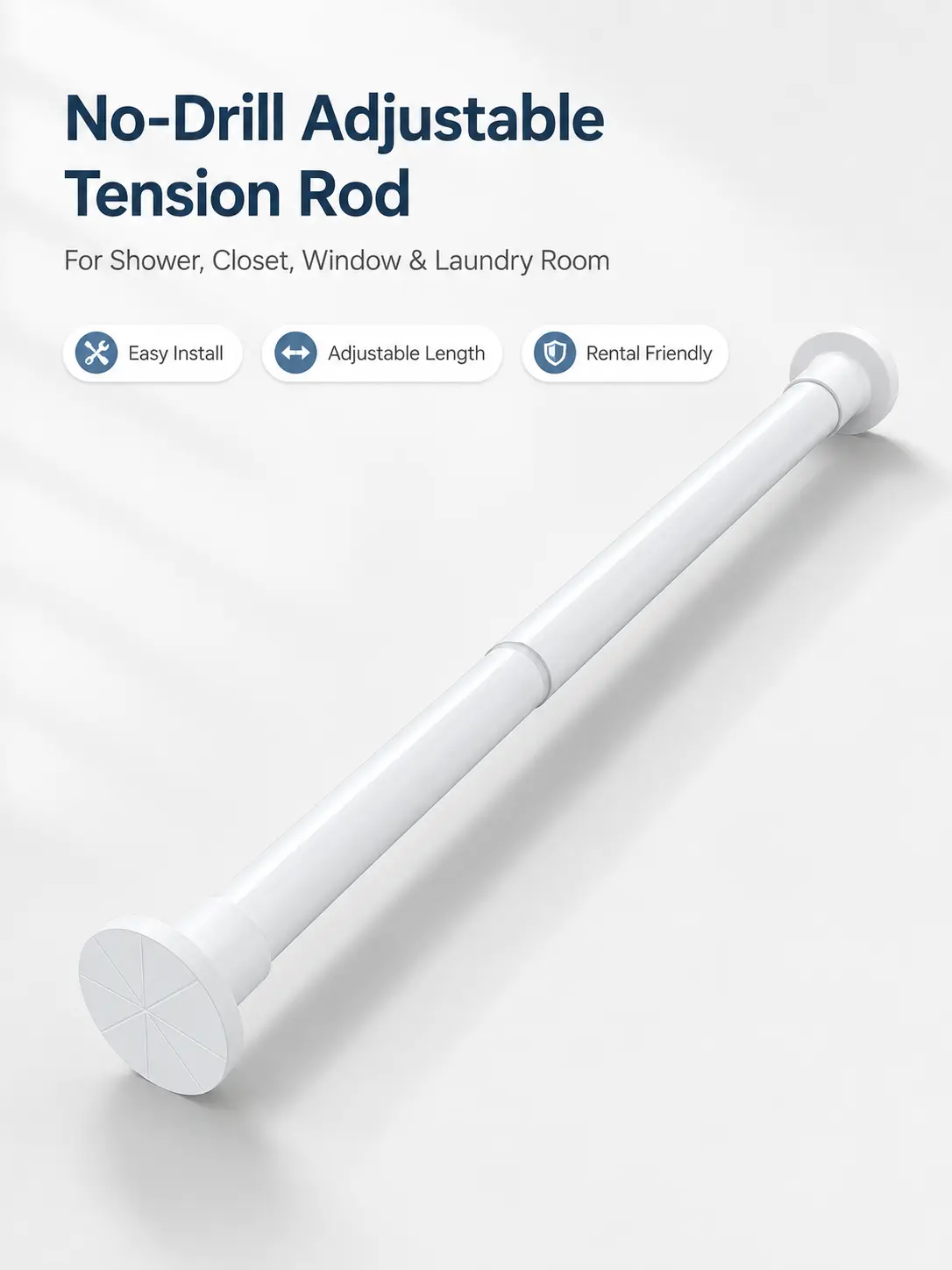 Extendable Curtain/Door/Bathroom Rod, Adjustable Range: 29.5–65 inches, White | Small, extendable spring-loaded rod that requires no drilling; suitable for doors, windows, bathrooms, closets, storage cabinets, and more