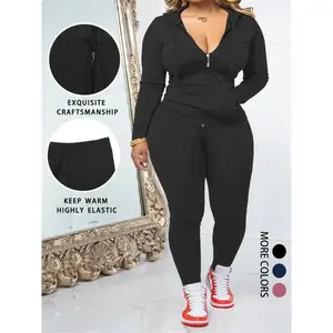 Women's Plus Size Two-Piece Set, Casual Fitness, Zipper Long Sleeve Jacket & Sports Pants, Fall Winter Oversized Fit, Sweatsuits Set