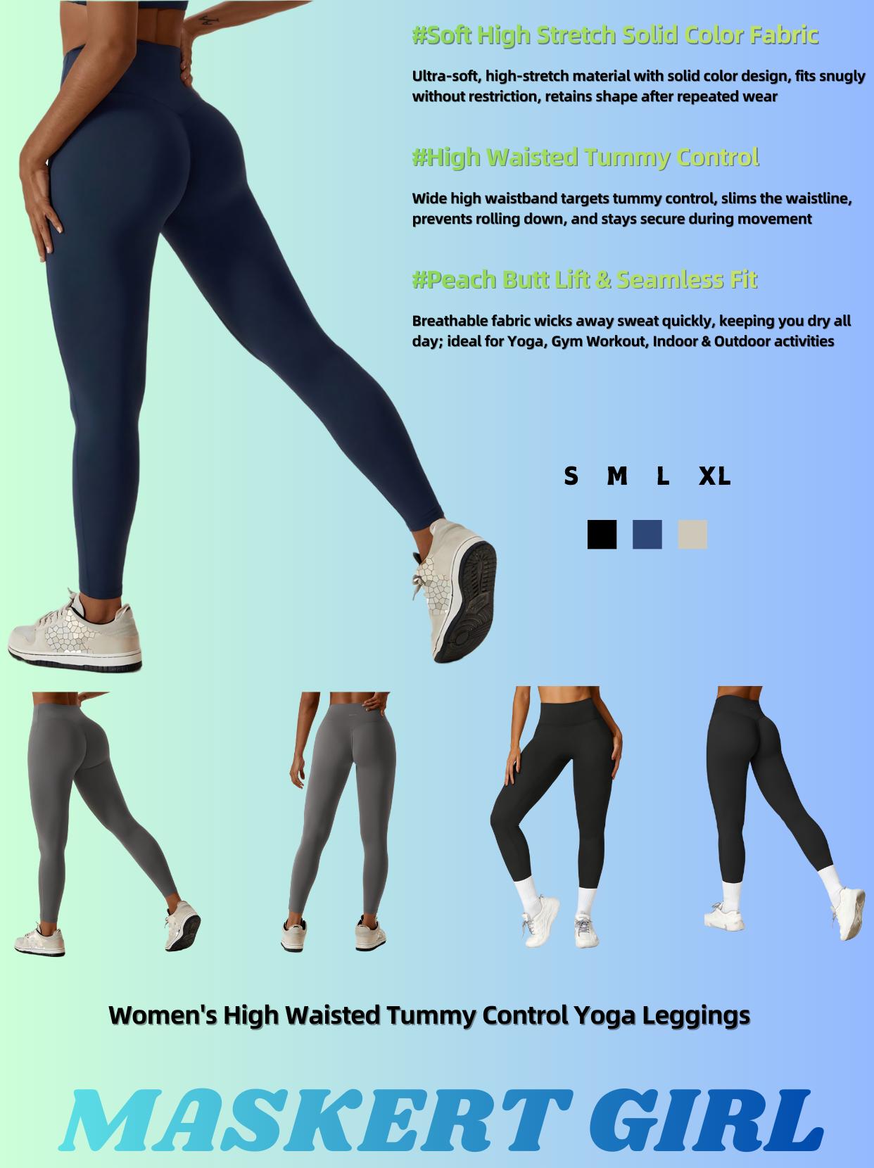 MASKERT Women's High Waisted Tummy Control Yoga Leggings, Soft High Stretch Solid Color, Breathable Sportswear for Yoga Gym Workout Indoor Outdoor