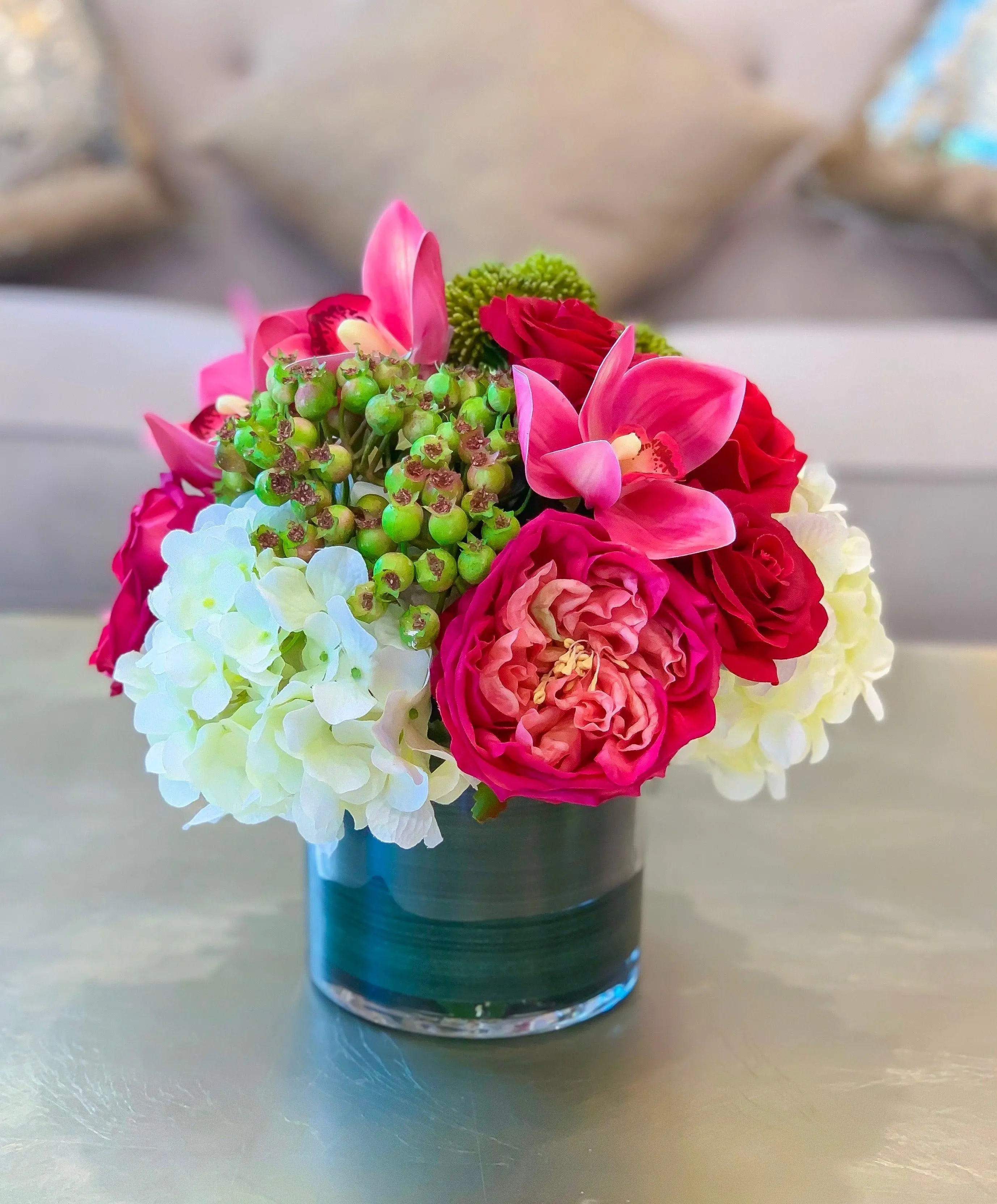 English Red Rose Orchid Hydrangea Centerpiece