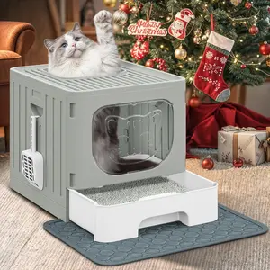 YITAHOME Cat Litter Tray with Lid, Hood-like Odourless Anti-Splash Cat Litter Tray with Drawer Waste Tray,Litter Scoop, Foldable with Hood