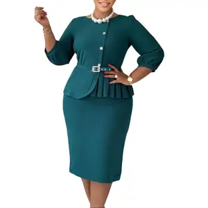 D607 New Elegant Stretch Slim Fit Round Neck Ruffle High Waist Bodycon Solid Color Dress with Belted Peplum for Formal Office Wear Women Workwear Evening Womenswear