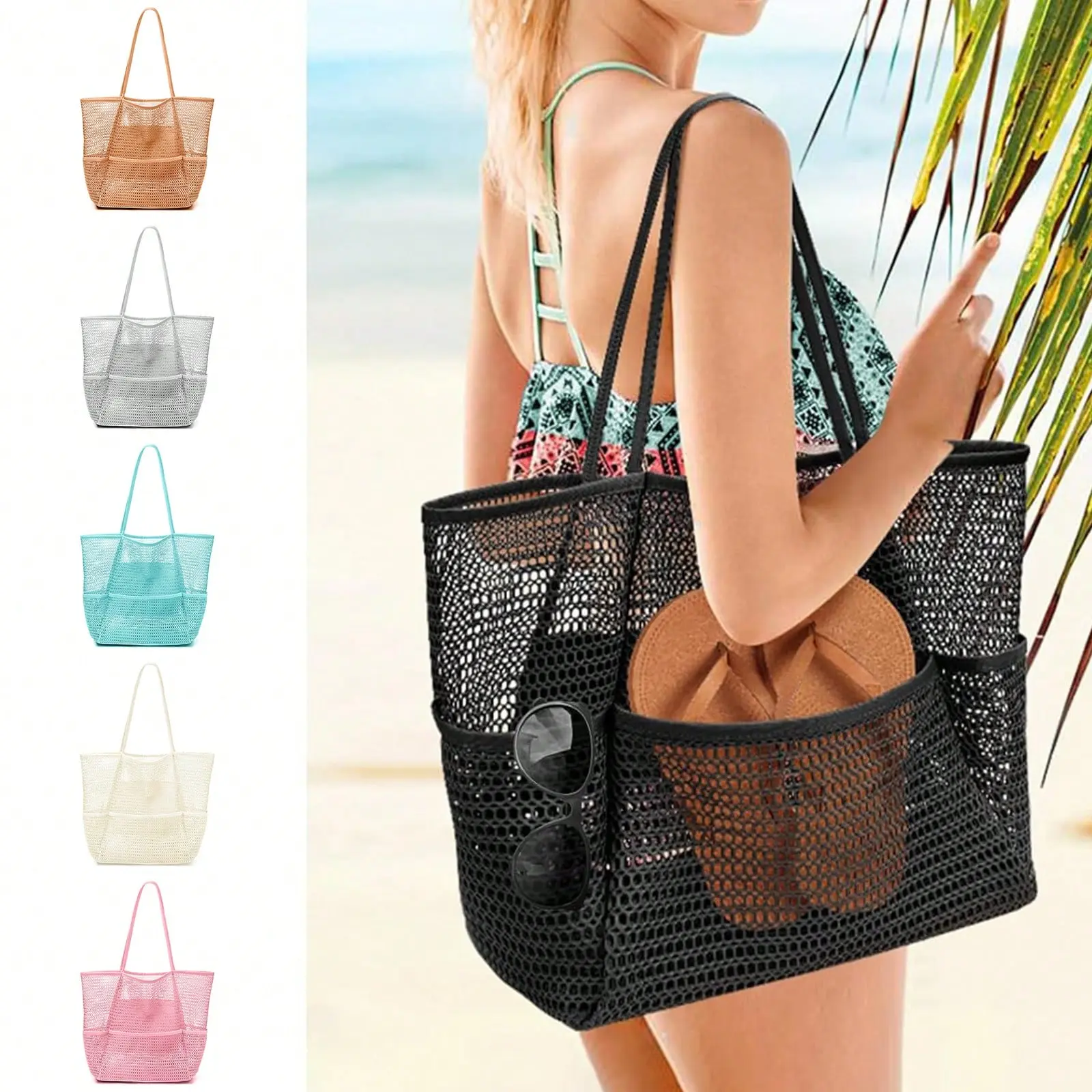 Women's Beach Tote Handheld Bag Large Capacity Foldable Square Mesh Bag with Pocket for Seaside Bath Toiletries Storage, Casual Shopping Bag, Top Handle Shopper