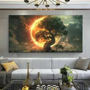 1 Tree of Life Canvas Art Print, Framed Modern Wall Decor, Ink on Canvas, Art Deco Classic Style, Interior Landscape Orientation for Living Room, Bedroom, Dining Room, Bedroom Wall Art | Mythology Theme |