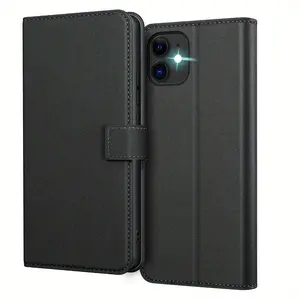 For iPhone 11 Case With Kickstand PU Leather Card Slot Black Wallet Flip Protective Phone Case Cover