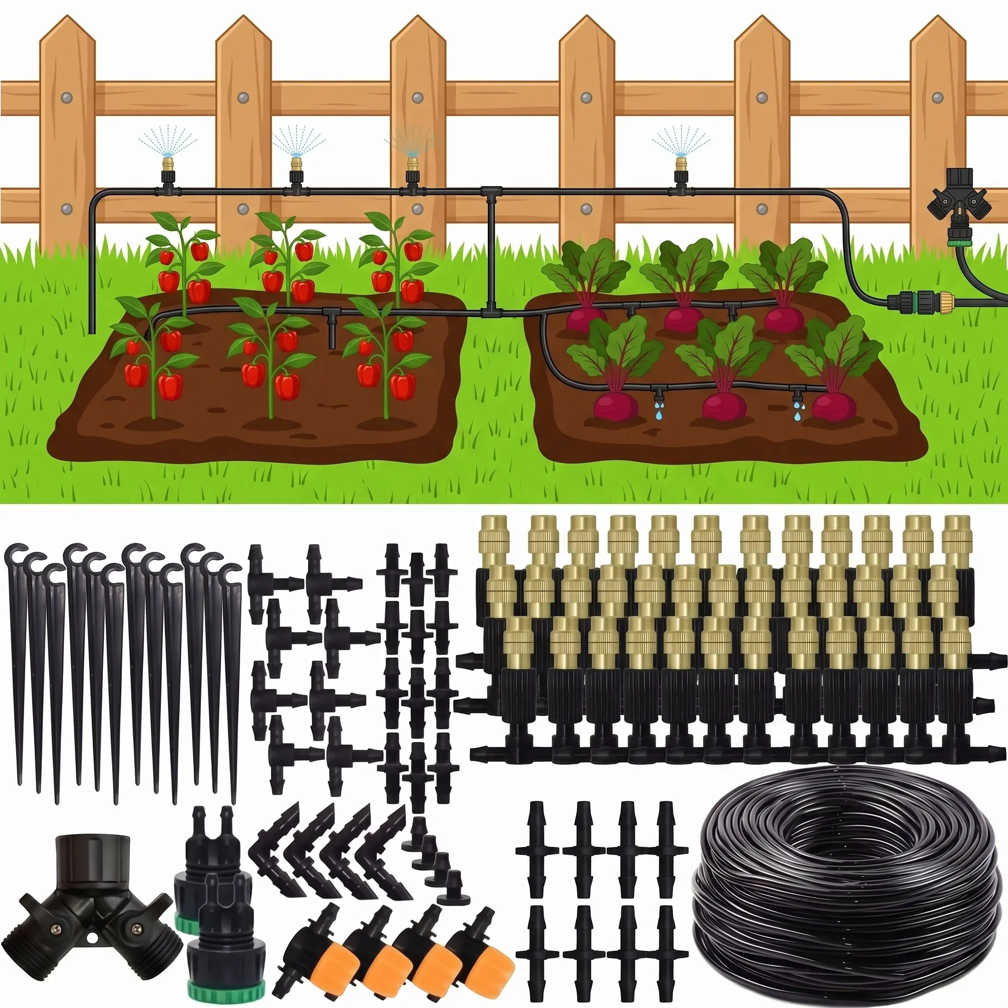 Automatic Drip Irrigation Kit - 4/7mm, Equipped with Brass Atomizing Nozzle, Suitable for Lawns, Potted Plants and Greenhouses, Lawn Automatic Drip Irrigation System, Potted Plant Greenhouse, Automatic Irrigation Equipment Watering Systems