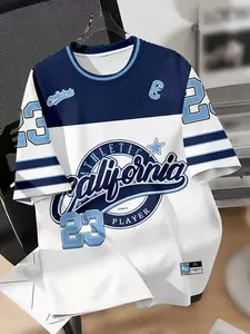 Short Sleeve T-Shirt, Sporty Retro Style, Line Neckline, C Logo, 1987 Sport Division, Blue Stripes, Casual Wear