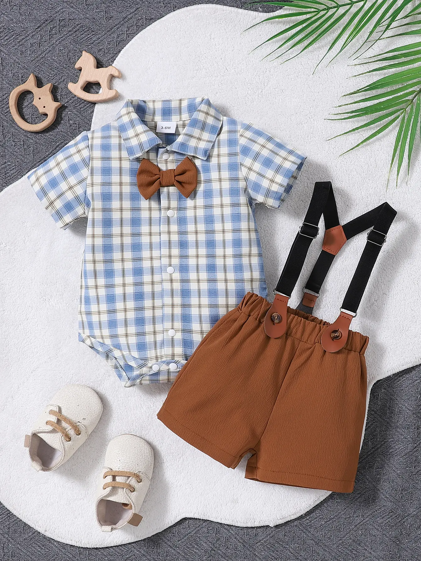 Ready Stock Newborn to Infant Baby Boys Summer Sets Short Sleeve Grids Front Bow Buttons Polo Romper Tops&Suspender Shorts 2pcs Blue 22412018