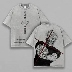Retro Heavy Gojo Satoru Red Technique Ver.3 THE HONORED ONE Jujutsu Kaisen Anime Double Printed Vintage Washed Tee Unisex Oversize Anime Manga Washed Heavyweight Cotton T-shirt Japanese Streetwear Graphic Casual Tee for Anime Fans