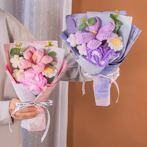 Handmade Crochet Yarn Flower Bouquet - Cute Knitted Faux Flowers (Rose/Tulip/Lily) | Realistic Artificial Flower Arrangement, Eternal Home Decor | Perfect Gift for Mom/Girlfriend/Wife on Mother's Day/Birthday/Valentine's Day/Wedding