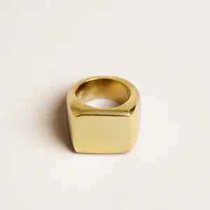 Power Pinky Ring - Bold Square Heavy Weight Brass Gold Plated Ring Sizes 4-7 for Men's Fashion Jewelry