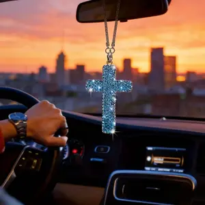 Rhinestone Decorated Car Rearview Mirror Cross Pendant, Car Interior Decoration Ornament, Universal Car Interior Accessories for Women & Men, Boujee Car Accessories, Car Trinkets, Sparkling Car Accessories