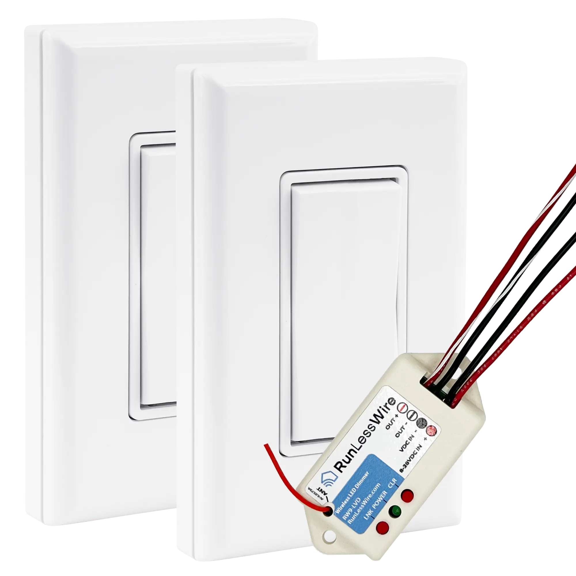 3-WAY LOW-VOLT DIMMER KIT: 2 Self-Powered Wireless Switches + 1 Dimmable 8-30VDC Receiver