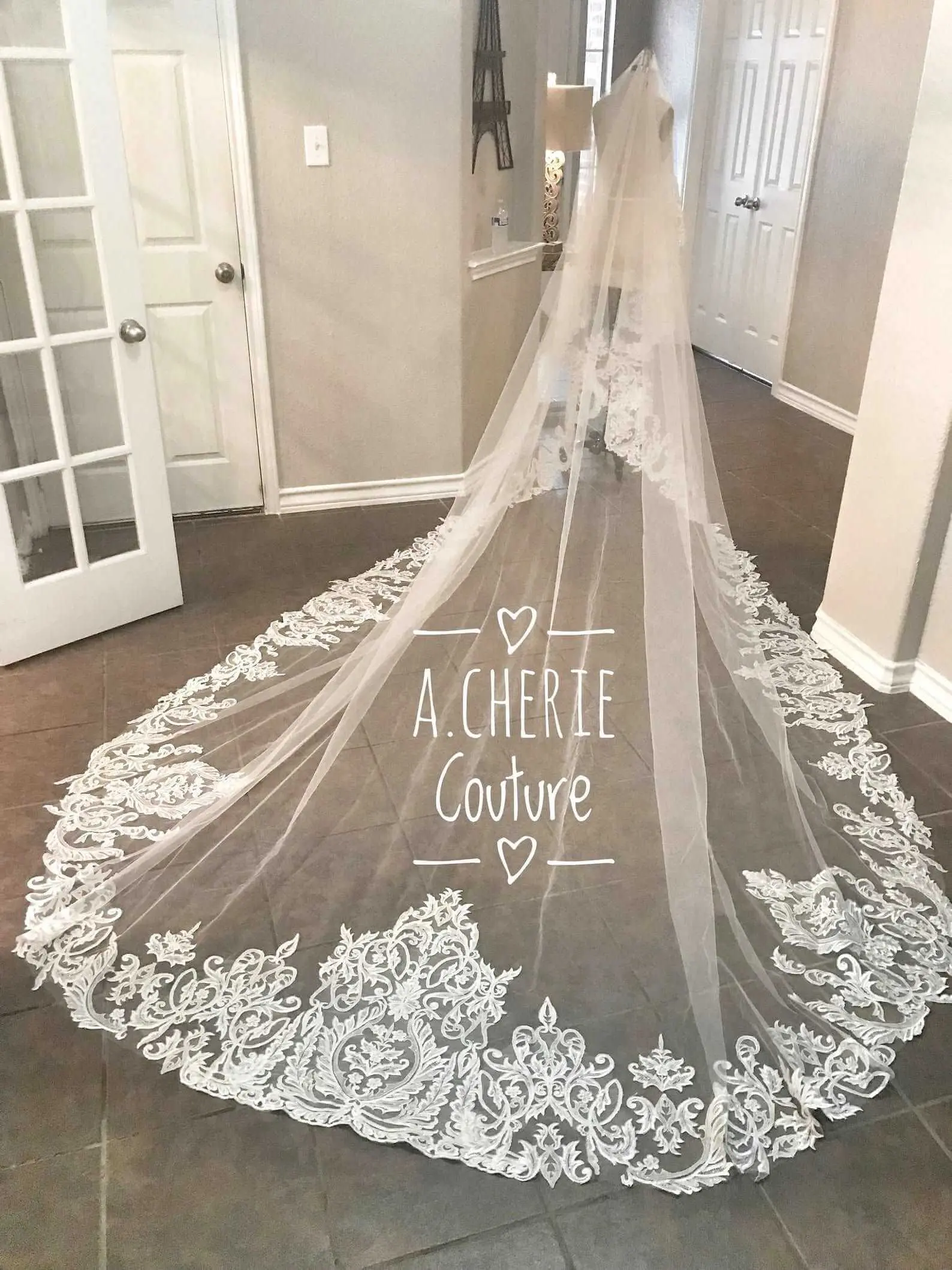 Lace Drop Veil (Style RV07) - 180-Inch Cathedral Tulle Bridal Veil with All-Around Scroll Lace Edge, Rhinestone Embellishments