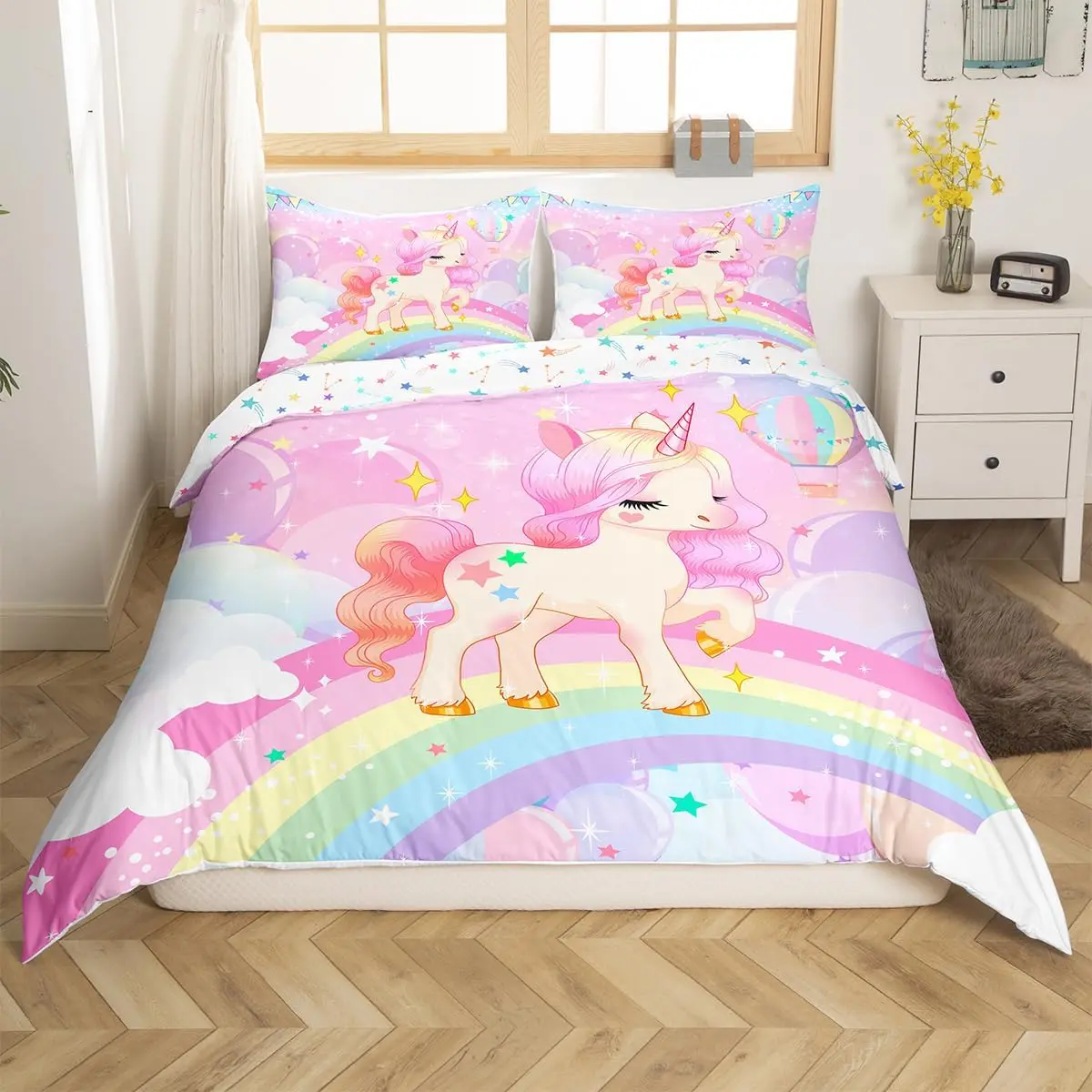 Feelyou Kawaii Unicorn Duvet Cover Set - Queen Size, Soft Breathable Bedding Set, Cartoon Rainbow Unicorns Blanket Quilt Bedding, Unicorn Pink Quilts, No Comforter