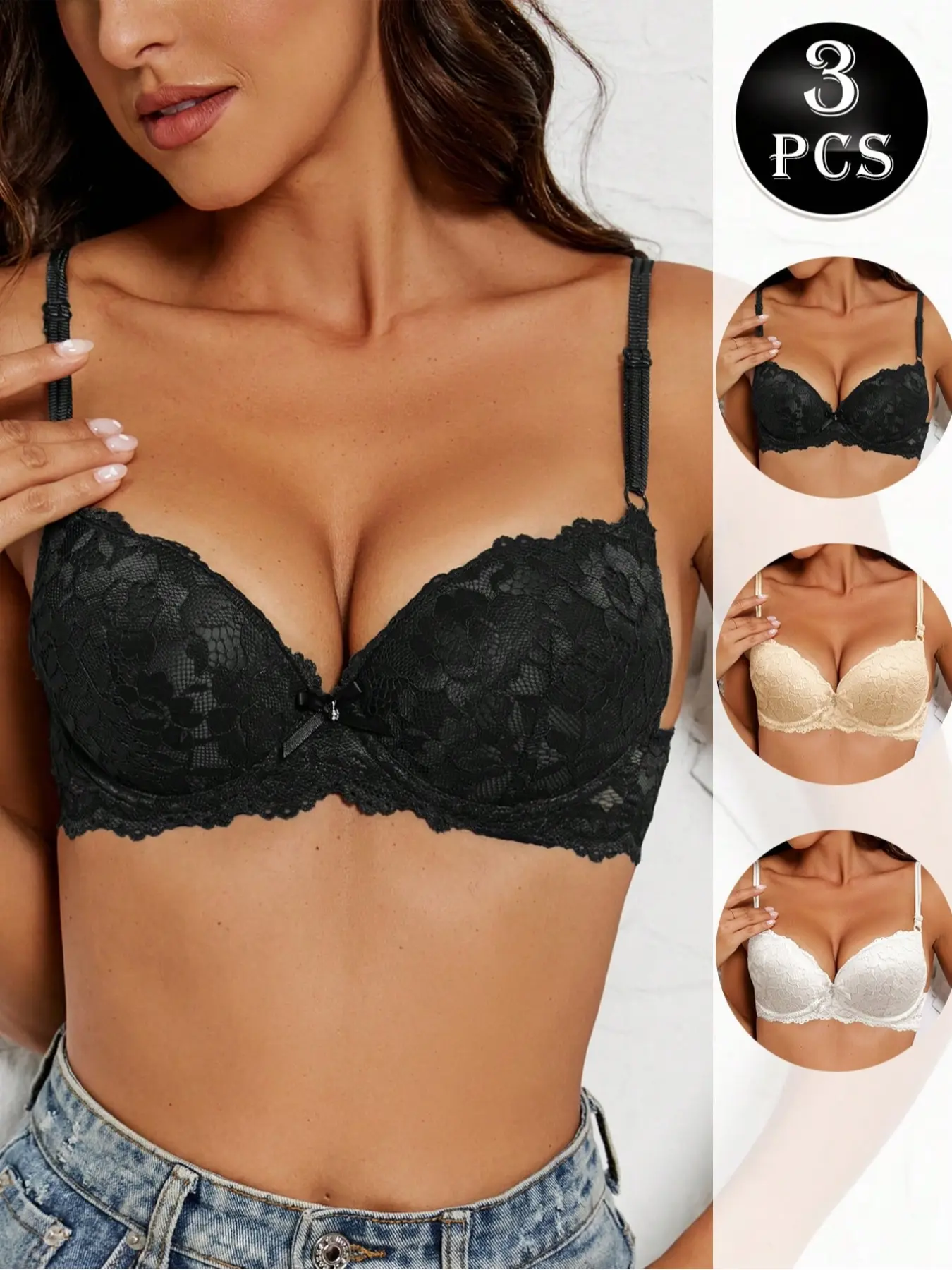 3pcs Women's Lace Push-Up Bra ,  Sexy Underwire Bralette Bras, Buckle, Medium Support, Thin Woven Fabric, All Seasons, Unlined Design