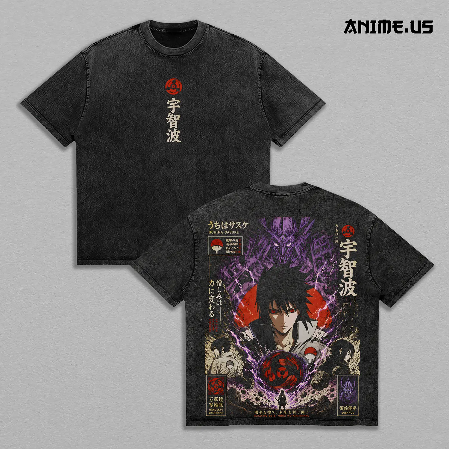Sasuke Uchiha Mangekyo Sharingan Susanoo Naruto Shippuden Vintage Washed Heavyweight Cotton T-Shirt Double Sided Graphic Oversized Streetwear Tee Anime Gift for Naruto Fans