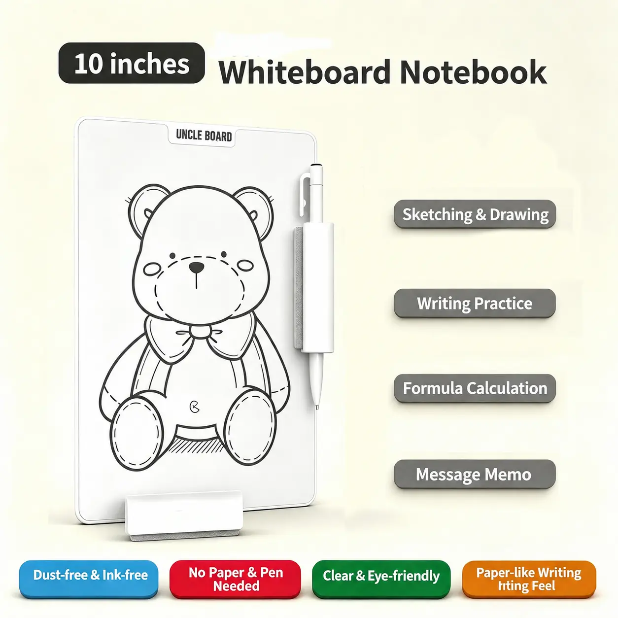 10 In Inkless Dry Erase Board with Plastic Frame, Reusable Writing Tablet with Partial Erase Magnetic Eraser & Stylus, Lightweight Portable Dust-Free Notepad for Office, Home, All Ages Drawing, Ideal Student Gift
